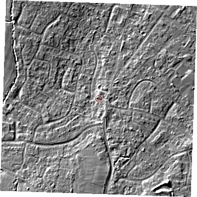 Shaded relief map of the ground around TN126DY, computed from Environment Agency LiDAR. The ground here sits at about 20 m above sea level and falls 11 m across the surrounding 800 m. Surface water reaching this point runs off ground lying to the south-south-east, 2.7 m higher.