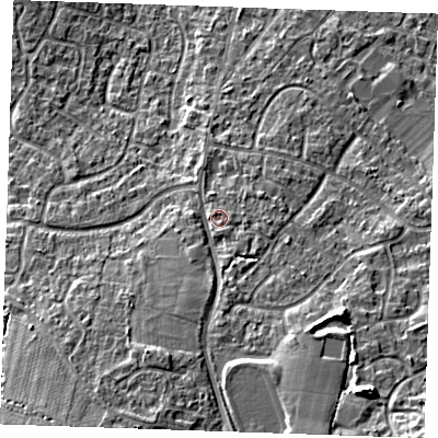 Shaded relief map of the ground around TN126DZ, computed from Environment Agency LiDAR. The ground here sits at about 22 m above sea level and falls 13 m across the surrounding 800 m. Surface water reaching this point runs off ground lying to the south-south-west, 7.4 m higher.