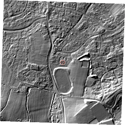 Shaded relief map of the ground around TN126EA, computed from Environment Agency LiDAR. The ground here sits at about 25 m above sea level and falls 20 m across the surrounding 800 m. Surface water reaching this point runs off ground lying to the south-south-east, 4.3 m higher.