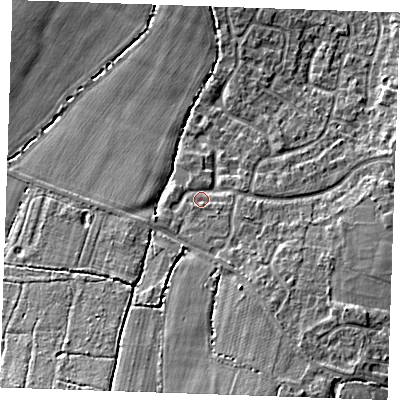 Shaded relief map of the ground around TN126EF, computed from Environment Agency LiDAR. The ground here sits at about 23 m above sea level and falls 14 m across the surrounding 800 m. Surface water reaching this point runs off ground lying to the south-south-west, 8.1 m higher.