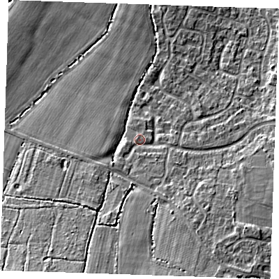 Shaded relief map of the ground around TN126EG, computed from Environment Agency LiDAR. The ground here sits at about 23 m above sea level and falls 13 m across the surrounding 800 m. Surface water reaching this point runs off ground lying to the south-south-west, 7.2 m higher.