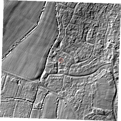 Shaded relief map of the ground around TN126EH, computed from Environment Agency LiDAR. The ground here sits at about 21 m above sea level and falls 12 m across the surrounding 800 m. Surface water reaching this point runs off ground lying to the south-south-west, 7.2 m higher.