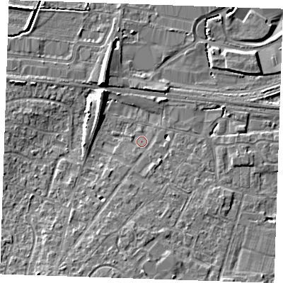Shaded relief map of the ground around TN126EJ, computed from Environment Agency LiDAR. The ground here sits at about 16 m above sea level and falls 9 m across the surrounding 800 m. Surface water reaching this point runs off ground lying to the south-east, 1.7 m higher.