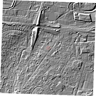 Shaded relief map of the ground around TN126EL, computed from Environment Agency LiDAR. The ground here sits at about 16 m above sea level and falls 9 m across the surrounding 800 m. Surface water reaching this point runs off ground lying to the south, 0.7 m higher.