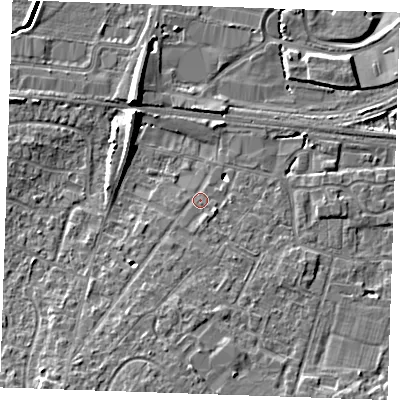 Shaded relief map of the ground around TN126EN, computed from Environment Agency LiDAR. The ground here sits at about 16 m above sea level and falls 9 m across the surrounding 800 m. Surface water reaching this point runs off ground lying to the south-east, 1.6 m higher.