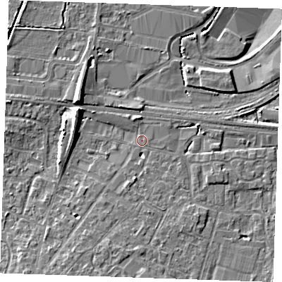 Shaded relief map of the ground around TN126EP, computed from Environment Agency LiDAR. The ground here sits at about 16 m above sea level and falls 9 m across the surrounding 800 m. Surface water reaching this point runs off ground lying to the west-north-west, 7.2 m higher.