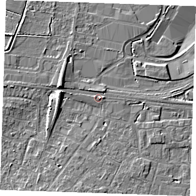 Shaded relief map of the ground around TN126ER, computed from Environment Agency LiDAR. The ground here sits at about 16 m above sea level and falls 9 m across the surrounding 800 m. Surface water reaching this point runs off ground lying to the west-north-west, 5.2 m higher.