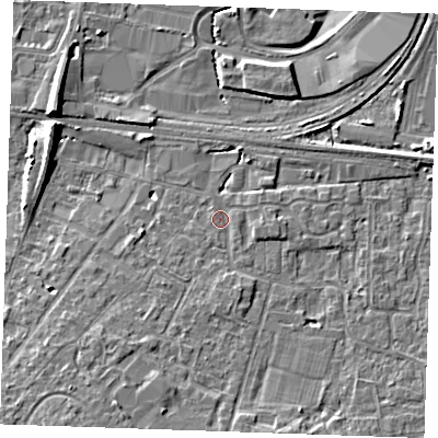 Shaded relief map of the ground around TN126ET, computed from Environment Agency LiDAR. The ground here sits at about 16 m above sea level and falls 9 m across the surrounding 800 m. Surface water reaching this point runs off ground lying to the south, 2.0 m higher.