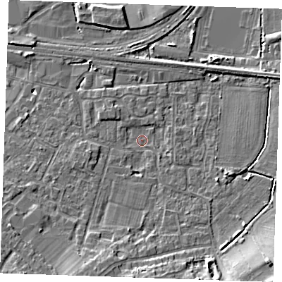Shaded relief map of the ground around TN126EU, computed from Environment Agency LiDAR. The ground here sits at about 16 m above sea level and falls 9 m across the surrounding 800 m. Surface water reaching this point runs off ground lying to the south-east, 8.7 m higher.