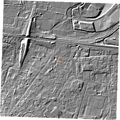 Shaded relief map of the ground around TN126EW, computed from Environment Agency LiDAR. The ground here sits at about 16 m above sea level and falls 9 m across the surrounding 800 m. Surface water reaching this point runs off ground lying to the south-south-west, 4.1 m higher.