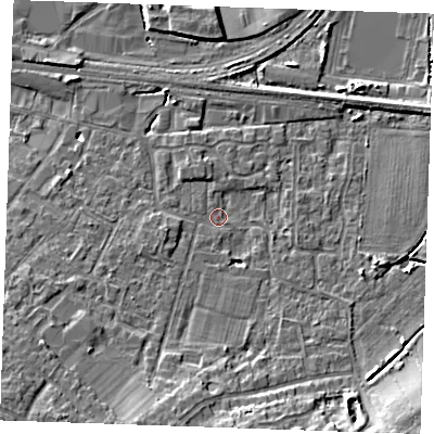 Shaded relief map of the ground around TN126EX, computed from Environment Agency LiDAR. The ground here sits at about 16 m above sea level and falls 8 m across the surrounding 800 m. Surface water reaching this point runs off ground lying to the south-south-west, 5.7 m higher.