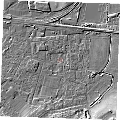 Shaded relief map of the ground around TN126EY, computed from Environment Agency LiDAR. The ground here sits at about 16 m above sea level and falls 12 m across the surrounding 800 m. Surface water reaching this point runs off ground lying to the south-east, 9.8 m higher.