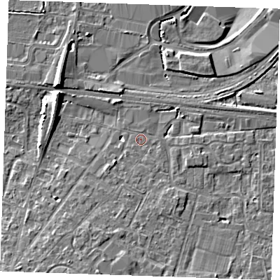 Shaded relief map of the ground around TN126EZ, computed from Environment Agency LiDAR. The ground here sits at about 16 m above sea level and falls 9 m across the surrounding 800 m. Surface water reaching this point runs off ground lying to the south-south-west, 6.0 m higher.