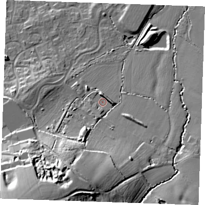 Shaded relief map of the ground around TN126FL, computed from Environment Agency LiDAR. The ground here sits at about 26 m above sea level and falls 30 m across the surrounding 800 m. Surface water reaching this point runs off ground lying to the south-south-west, 24.3 m higher.