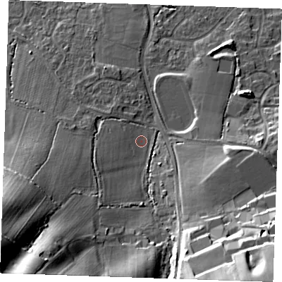Shaded relief map of the ground around TN126FZ, computed from Environment Agency LiDAR. The ground here sits at about 28 m above sea level and falls 32 m across the surrounding 800 m. Surface water reaching this point runs off ground lying to the south-west, 25.6 m higher.