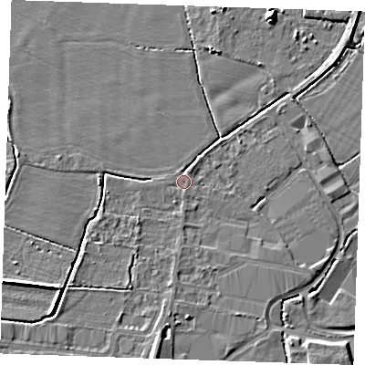 Shaded relief map of the ground around TN126GF, computed from Environment Agency LiDAR. The ground here sits at about 15 m above sea level and falls 7 m across the surrounding 800 m. Surface water reaching this point runs off ground lying to the south, 3.4 m higher.