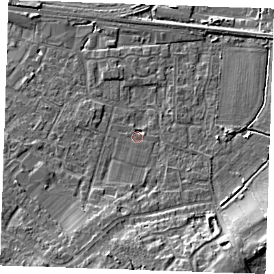 Shaded relief map of the ground around TN126GT, computed from Environment Agency LiDAR. The ground here sits at about 16 m above sea level and falls 11 m across the surrounding 800 m. Surface water reaching this point runs off ground lying to the south-south-west, 1.7 m higher.
