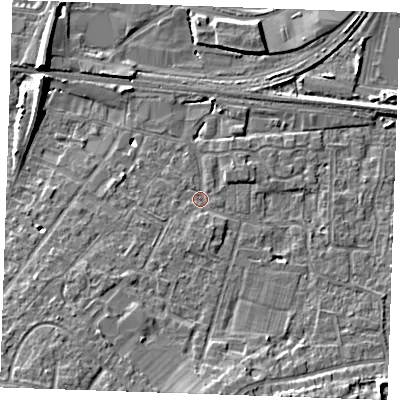 Shaded relief map of the ground around TN126HB, computed from Environment Agency LiDAR. The ground here sits at about 16 m above sea level and falls 8 m across the surrounding 800 m. Surface water reaching this point runs off ground lying to the south, 1.6 m higher.