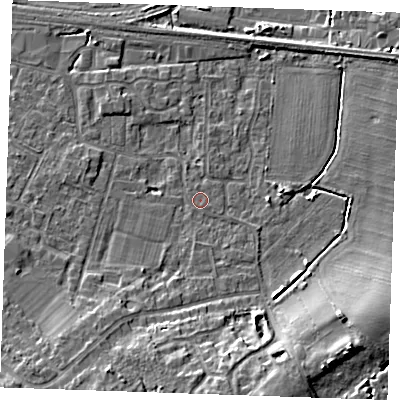Shaded relief map of the ground around TN126HD, computed from Environment Agency LiDAR. The ground here sits at about 16 m above sea level and falls 11 m across the surrounding 800 m. Surface water reaching this point runs off ground lying to the south, 8.5 m higher.
