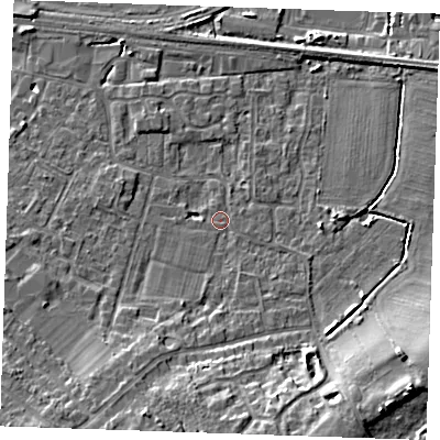Shaded relief map of the ground around TN126HE, computed from Environment Agency LiDAR. The ground here sits at about 16 m above sea level and falls 11 m across the surrounding 800 m. Surface water reaching this point runs off ground lying to the south-south-east, 8.3 m higher.