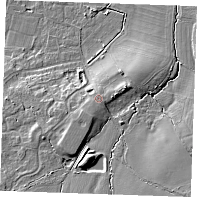 Shaded relief map of the ground around TN126HG, computed from Environment Agency LiDAR. The ground here sits at about 23 m above sea level and falls 13 m across the surrounding 800 m. Surface water reaching this point runs off ground lying to the south-west, 2.2 m higher.