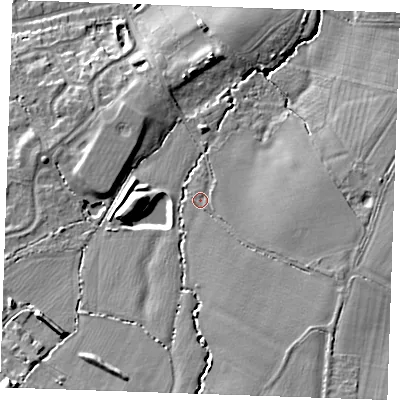 Shaded relief map of the ground around TN126HH, computed from Environment Agency LiDAR. The ground here sits at about 23 m above sea level and falls 18 m across the surrounding 800 m. Surface water reaching this point runs off ground lying to the south-south-east, 5.7 m higher.