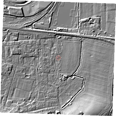 Shaded relief map of the ground around TN126HS, computed from Environment Agency LiDAR. The ground here sits at about 16 m above sea level and falls 11 m across the surrounding 800 m. Surface water reaching this point runs off ground lying to the south-south-east, 8.7 m higher.