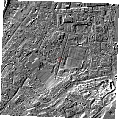 Shaded relief map of the ground around TN126HT, computed from Environment Agency LiDAR. The ground here sits at about 18 m above sea level and falls 11 m across the surrounding 800 m. Surface water reaching this point runs off ground lying to the south, 3.9 m higher.