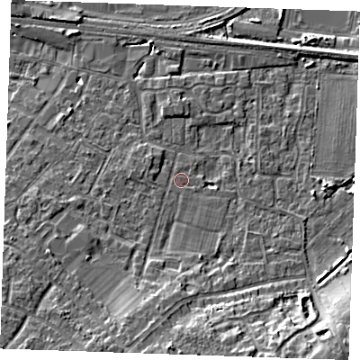 Shaded relief map of the ground around TN126HU, computed from Environment Agency LiDAR. The ground here sits at about 17 m above sea level and falls 10 m across the surrounding 800 m. Surface water reaching this point runs off ground lying to the south, 4.7 m higher.