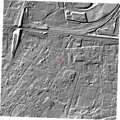 Shaded relief map of the ground around TN126HX, computed from Environment Agency LiDAR. The ground here sits at about 16 m above sea level and falls 9 m across the surrounding 800 m. Surface water reaching this point runs off ground lying to the south-south-west, 3.9 m higher.
