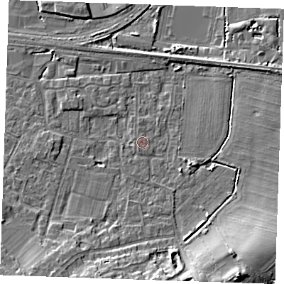Shaded relief map of the ground around TN126HY, computed from Environment Agency LiDAR. The ground here sits at about 16 m above sea level and falls 12 m across the surrounding 800 m. Surface water reaching this point runs off ground lying to the south-east, 9.9 m higher.