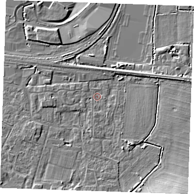 Shaded relief map of the ground around TN126HZ, computed from Environment Agency LiDAR. The ground here sits at about 15 m above sea level and falls 9 m across the surrounding 800 m. Surface water reaching this point runs off ground lying to the south-east, 7.2 m higher.