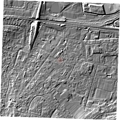 Shaded relief map of the ground around TN126JD, computed from Environment Agency LiDAR. The ground here sits at about 17 m above sea level and falls 8 m across the surrounding 800 m. Surface water reaching this point runs off ground lying to the south-south-west, 0.6 m higher.