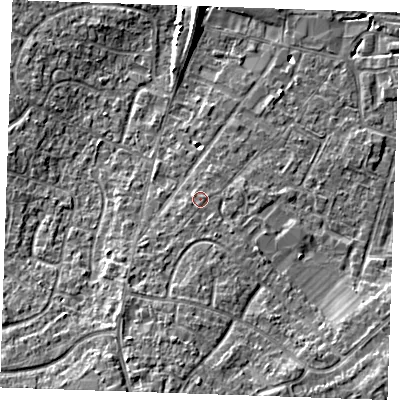 Shaded relief map of the ground around TN126JE, computed from Environment Agency LiDAR. The ground here sits at about 19 m above sea level and falls 10 m across the surrounding 800 m. Surface water reaching this point runs off ground lying to the south-east, 4.4 m higher.