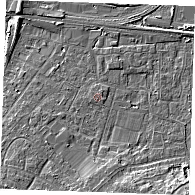 Shaded relief map of the ground around TN126JF, computed from Environment Agency LiDAR. The ground here sits at about 17 m above sea level and falls 10 m across the surrounding 800 m. The ground contributing surface water to this point lies to the west-south-west.