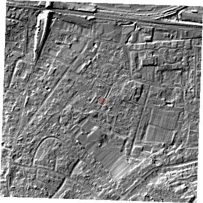 Shaded relief map of the ground around TN126JG, computed from Environment Agency LiDAR. The ground here sits at about 18 m above sea level and falls 10 m across the surrounding 800 m. Surface water reaching this point runs off ground lying to the south-south-east, 4.5 m higher.