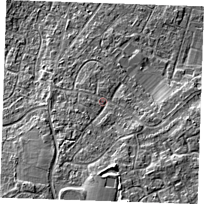 Shaded relief map of the ground around TN126JP, computed from Environment Agency LiDAR. The ground here sits at about 21 m above sea level and falls 13 m across the surrounding 800 m. Surface water reaching this point runs off ground lying to the south-south-west, 6.1 m higher.