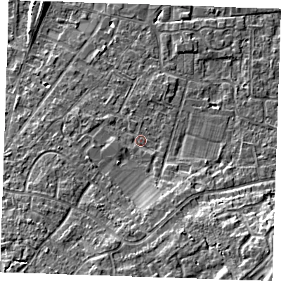 Shaded relief map of the ground around TN126JQ, computed from Environment Agency LiDAR. The ground here sits at about 18 m above sea level and falls 11 m across the surrounding 800 m. Surface water reaching this point runs off ground lying to the south-south-west, 1.0 m higher.
