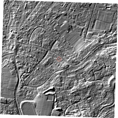 Shaded relief map of the ground around TN126JR, computed from Environment Agency LiDAR. The ground here sits at about 21 m above sea level and falls 13 m across the surrounding 800 m. Surface water reaching this point runs off ground lying to the south, 4.0 m higher.