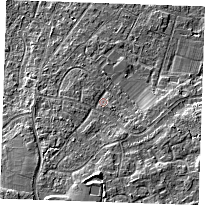Shaded relief map of the ground around TN126JT, computed from Environment Agency LiDAR. The ground here sits at about 20 m above sea level and falls 12 m across the surrounding 800 m. Surface water reaching this point runs off ground lying to the south-south-west, 7.2 m higher.
