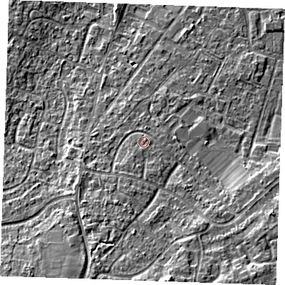 Shaded relief map of the ground around TN126JU, computed from Environment Agency LiDAR. The ground here sits at about 20 m above sea level and falls 10 m across the surrounding 800 m. Surface water reaching this point runs off ground lying to the south, 6.8 m higher.