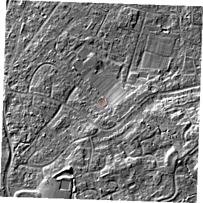 Shaded relief map of the ground around TN126JX, computed from Environment Agency LiDAR. The ground here sits at about 20 m above sea level and falls 11 m across the surrounding 800 m. Surface water reaching this point runs off ground lying to the south-south-west, 6.0 m higher.