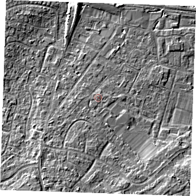Shaded relief map of the ground around TN126JY, computed from Environment Agency LiDAR. The ground here sits at about 19 m above sea level and falls 9 m across the surrounding 800 m. Surface water reaching this point runs off ground lying to the south-south-west, 0.7 m higher.