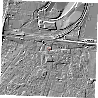 Shaded relief map of the ground around TN126JZ, computed from Environment Agency LiDAR. The ground here sits at about 16 m above sea level and falls 9 m across the surrounding 800 m. Surface water reaching this point runs off ground lying to the south-west, 5.6 m higher.