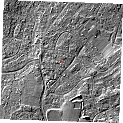 Shaded relief map of the ground around TN126LA, computed from Environment Agency LiDAR. The ground here sits at about 21 m above sea level and falls 12 m across the surrounding 800 m. Surface water reaching this point runs off ground lying to the south-west, 1.8 m higher.