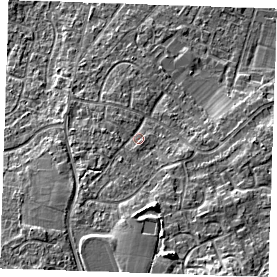 Shaded relief map of the ground around TN126LB, computed from Environment Agency LiDAR. The ground here sits at about 21 m above sea level and falls 13 m across the surrounding 800 m. Surface water reaching this point runs off ground lying to the south-south-west, 5.8 m higher.