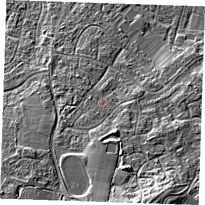 Shaded relief map of the ground around TN126LE, computed from Environment Agency LiDAR. The ground here sits at about 22 m above sea level and falls 14 m across the surrounding 800 m. Surface water reaching this point runs off ground lying to the south-south-east, 0.9 m higher.
