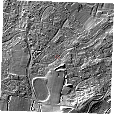 Shaded relief map of the ground around TN126LG, computed from Environment Agency LiDAR. The ground here sits at about 23 m above sea level and falls 15 m across the surrounding 800 m. Surface water reaching this point runs off ground lying to the south, 6.6 m higher.