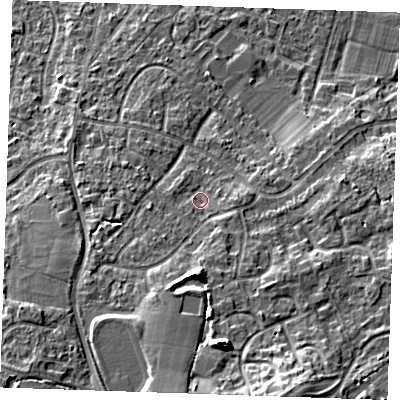 Shaded relief map of the ground around TN126LH, computed from Environment Agency LiDAR. The ground here sits at about 21 m above sea level and falls 13 m across the surrounding 800 m. Surface water reaching this point runs off ground lying to the south, 7.1 m higher.
