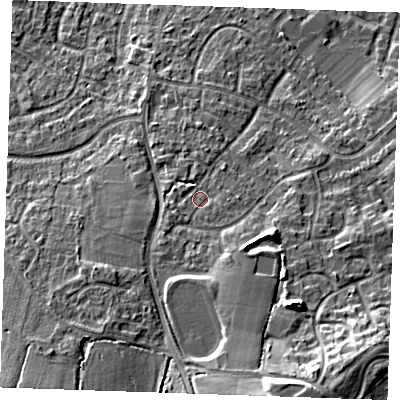 Shaded relief map of the ground around TN126LL, computed from Environment Agency LiDAR. The ground here sits at about 23 m above sea level and falls 16 m across the surrounding 800 m. Surface water reaching this point runs off ground lying to the south, 4.5 m higher.